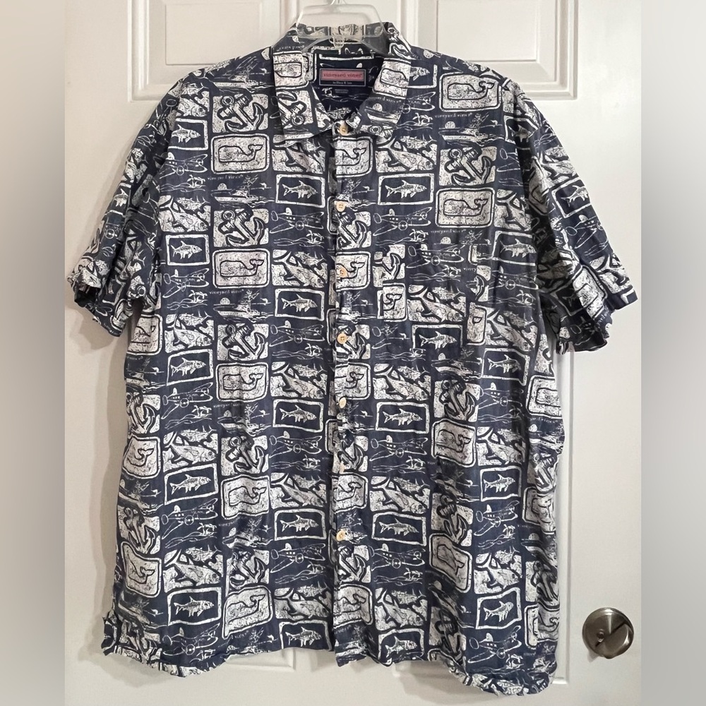 Vineyard Vines Men’s XL Reverse Print Blue Fish Boat Plane Anchor Button Shirt‎